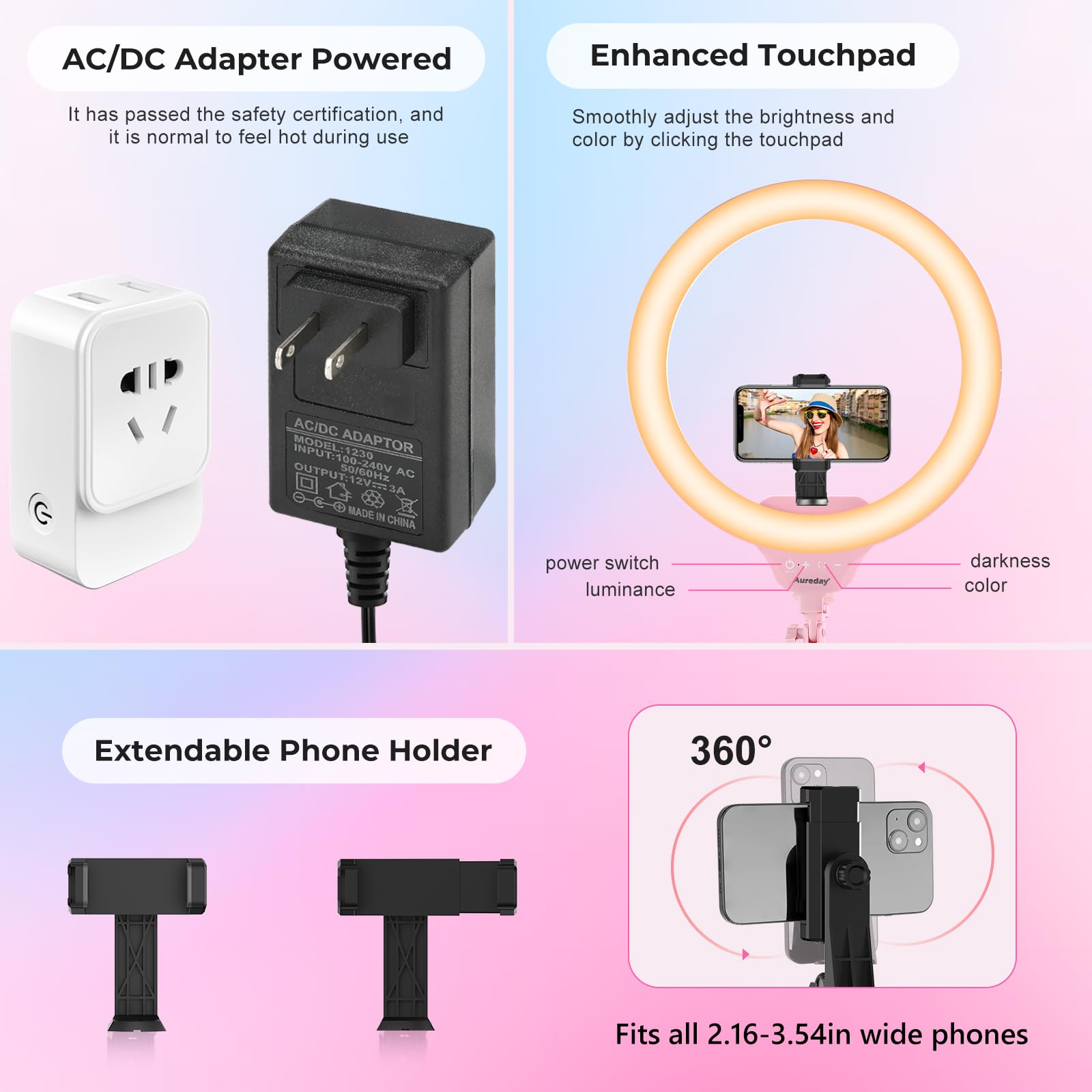 Aureday 14'' Pink Selfie Ring Light with 62'' Tripod Stand and Phone Holder, Dimmable LED Phone Ringlight for Makeup/Video Recording/Photography, Circle Lighting for Cell Phones&Lightweight Cameras