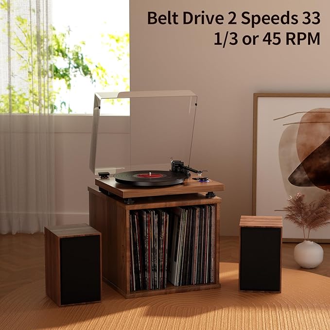 Bluetooth Turntable HiFi System with 36 Watt Bookshelf Speakers, Patend Designed Vinyl Record Player with Magnetic Cartridge, Bluetooth Playback and Auto Off