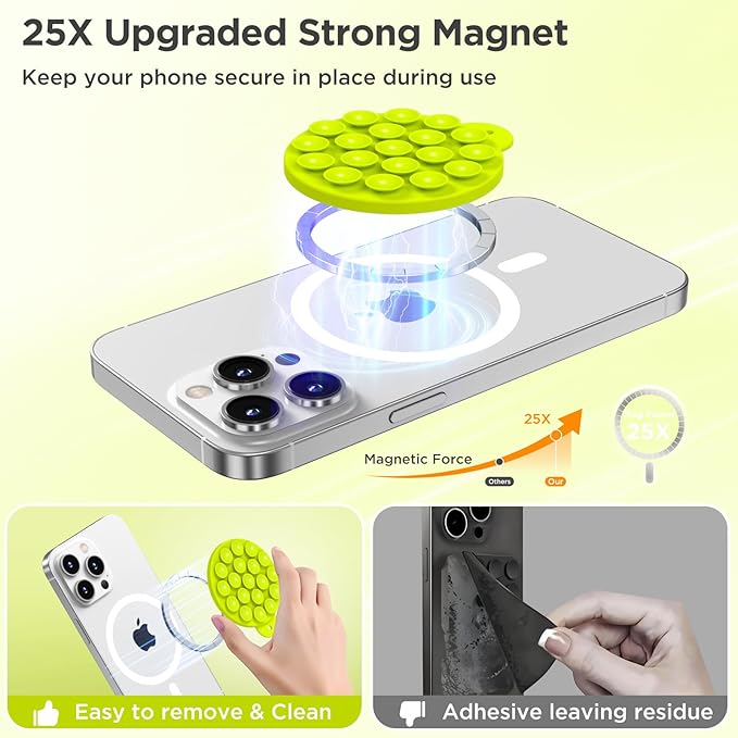 Magnetic Suction Cup Phone Mount for MagSafe Case, Silicone Hands-Free Grip Holder for iPhone and Android, Mirror Shower Phone Stand for Makeup FaceTime Gym Kitchen Bathroom, Neon Yellow