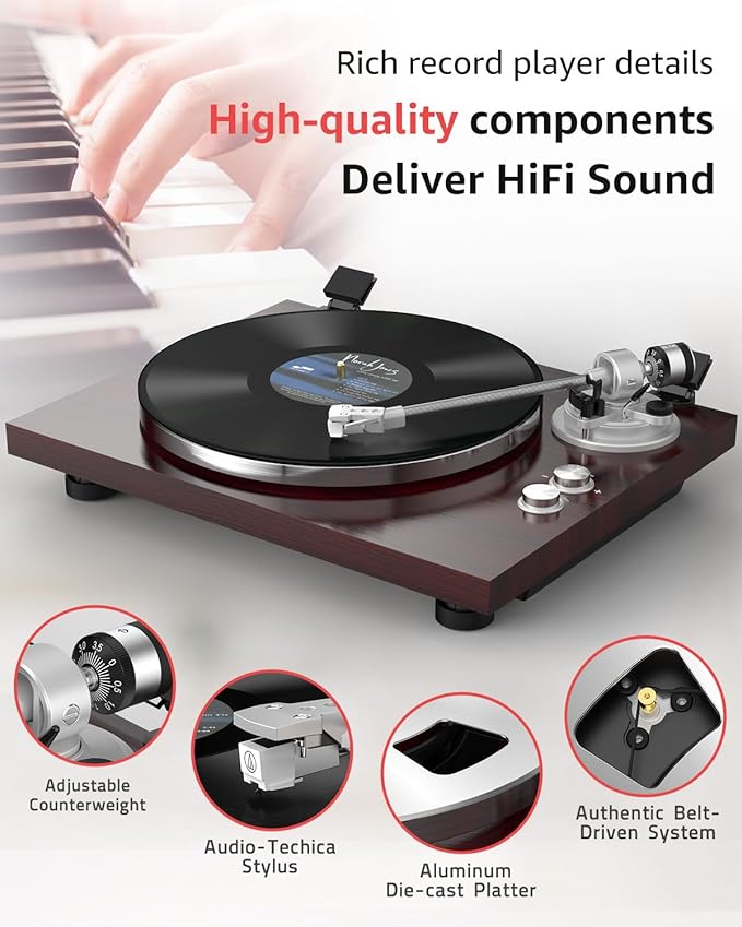 Turntable Record Player Wireless Output Carbon Fiber Tonearm Vinyl Player Aluminium Platter Belt-Drive LP Turn Tables 33 1/3&45 RPM Audio Phono RCA Line Out AT-3600L MM Cartridge Pale Walnut Red