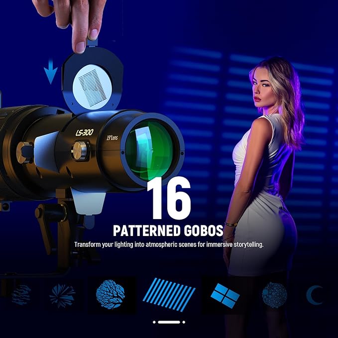 NEEWER LS-300 Spotlight Optical Snoot for 300W Bowens Mount LED Video Lights with 16x GOBO 19° Projection Lens 98% Light Transmittance Geometric Shaper for Creative Photography & Enhanced Illuminance