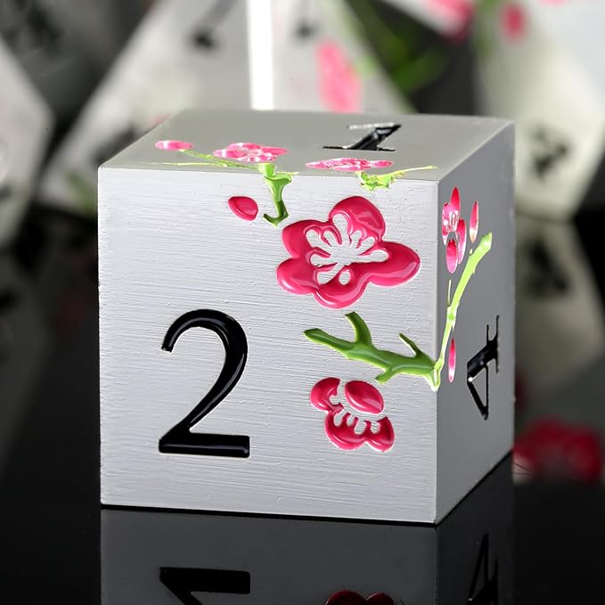 Metal Dungeons and Dragons Dice DNDND 7 PCS Heavy Metallic Flower D&D Dice Set with Gorgeous Gift Case for DND Tabletop Game (Matte Silver with Pink Flower)