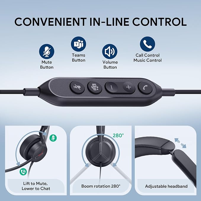Yealink UH44 Teams Certified USB Wired Headset with 2 Noise Cancelling Mics,Stereo Sound for PC,Laptop,Teams,Zoom,Call Center,Home Office,Inline Controls,Comfort Ear Cushions,USB-C/A,Busylight-Black