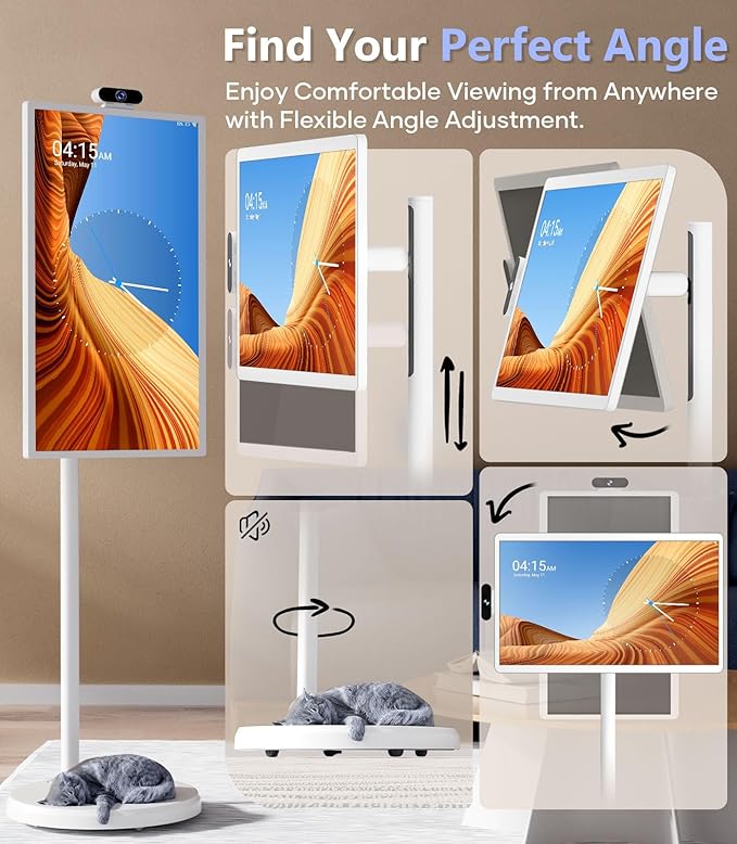 Cozyla Mate 32 Inch Mobile Portable TV Stand on Wheels Support Google Store Full Swivel Rotation Portable Touch Screen Monitor Built-in Battery Smart Rolling Tablet TV 4K Camera Remote Control White