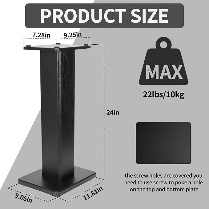 24 Inch Speaker Stands Wood Grain Universal Floor Speaker Stands Pair Heavy Duty Surround Sound Speaker Monitor Stand for Home Theater with Sand Filling Tuning Function - Black