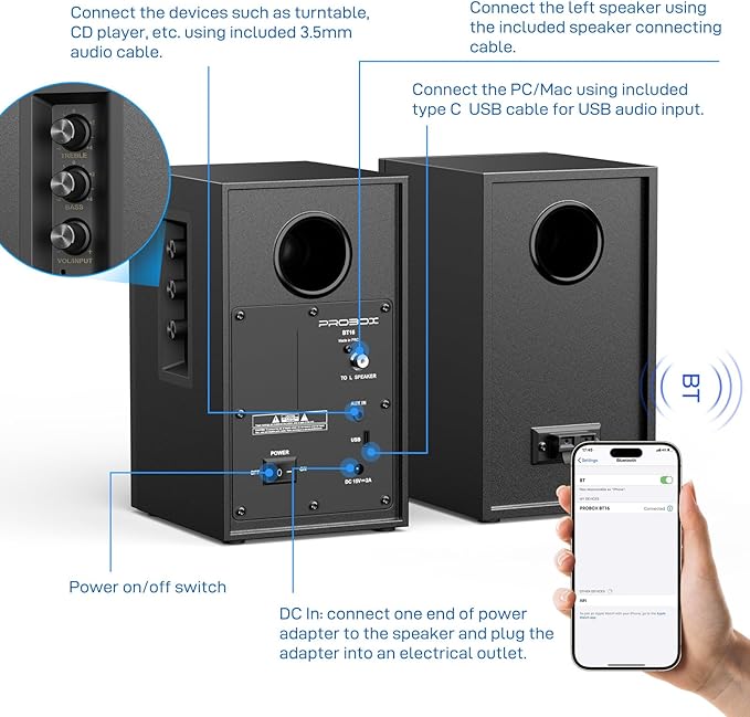BT16 HiFi Bookshelf Speakers 3.5" Woofer with 1" Tweeter, 60W(30Xx2) Bluetooth 5.3, Powered Stereo Speaker with 24bit DAC USB and Adjustable Treble/Bass, Computer Gaming PC Speakers - Black