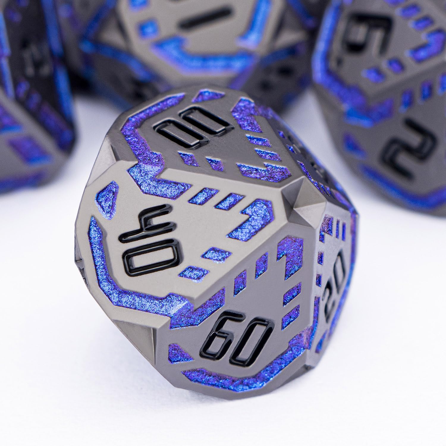 OGCOPHEN Metal DND Sci-fi Dice Set 7PCS Stripe Polyhedral Dice for Dungeons Dragons RPG Role Playing Game, Glitter D and D Dice with Gift Box D6 D8 D10 D12 D20 (Black&Blue Purple)