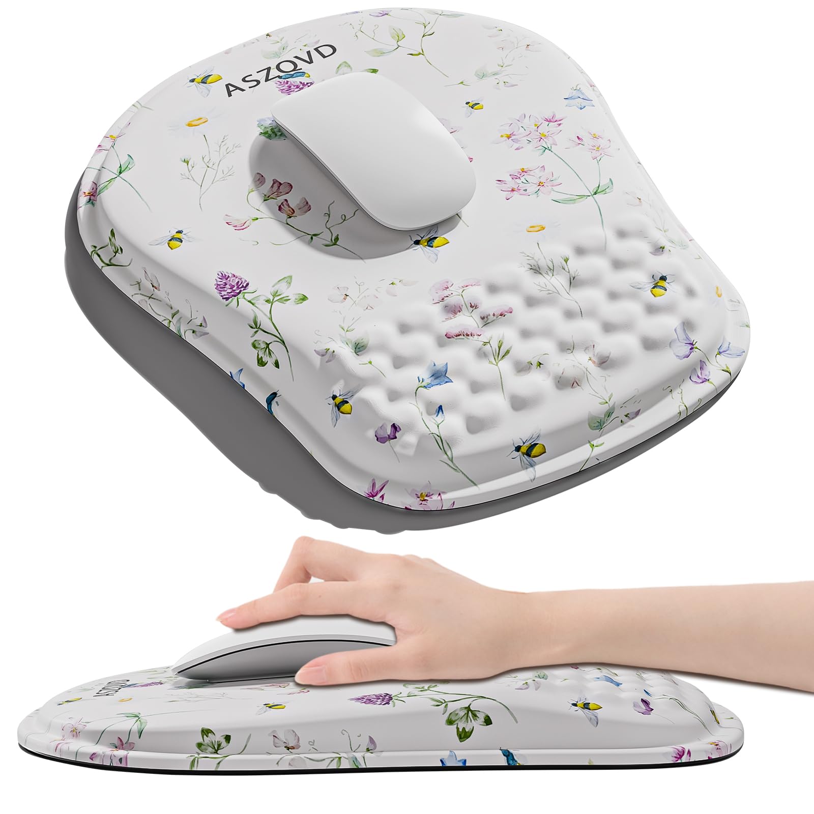 Aszqvd Mouse Pad with Wrist Rest, Ergonomic Mousepads with Wrist Support, Soft Lycra Fabric Memory Foam Office Desk Accessories for Comfort/Pain Relief/PC Gaming/Computer/Laptop (White Wild Plant)
