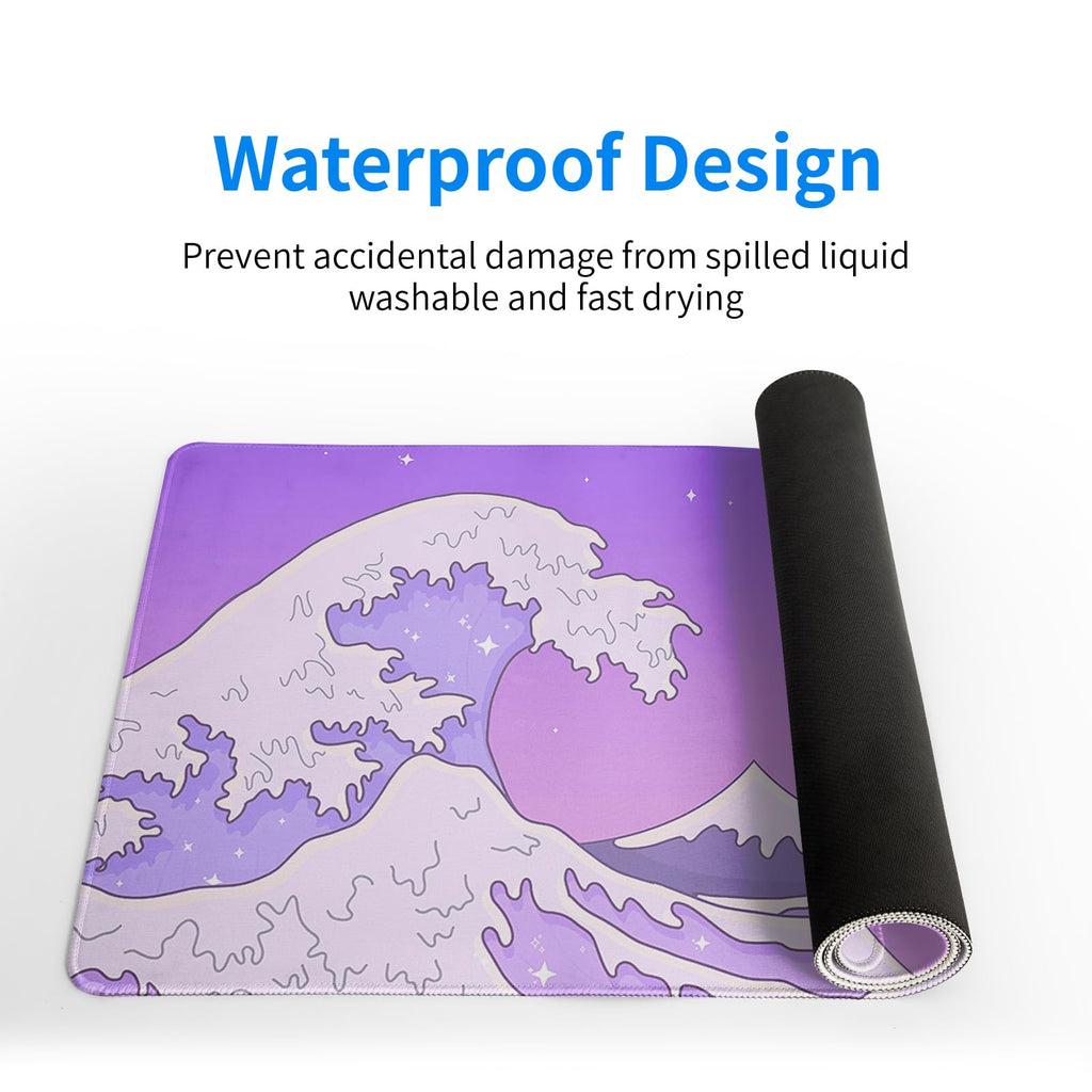 Purple Japanese Sea Wave Gaming Mouse Pad - Large Desk Mat with Non-Slip Base and Stitched Edge for Gaming and Office - 31.5x11.8 Inch