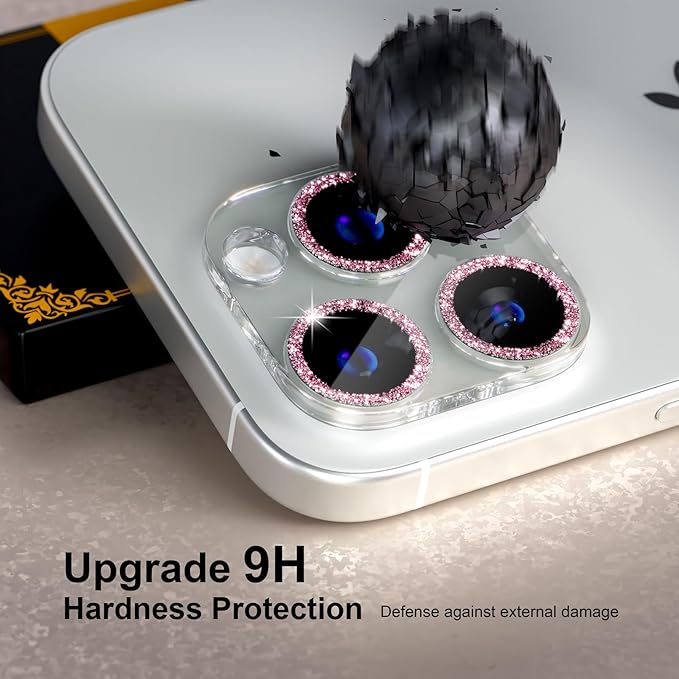 beuxece for 6 Pack iPhone 15 Pro/iPhone 15 Pro Max Camera Lens Protector [Drop Protection] [Case Friendly] [Easy Installation] 9H Tempered Glass Camera Screen Protector Cover, Glitter Pink