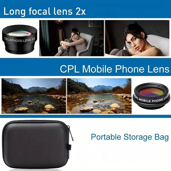 Universal 7-in-1 Mobile Phone Camera Lens Kit, Funny Cell Phone Lens for iPhone, for Samsung, for Android Smartphone, Universal Clip on Wide Angle+Macro+ Fish Eye Camera Lenses attachments Accessory