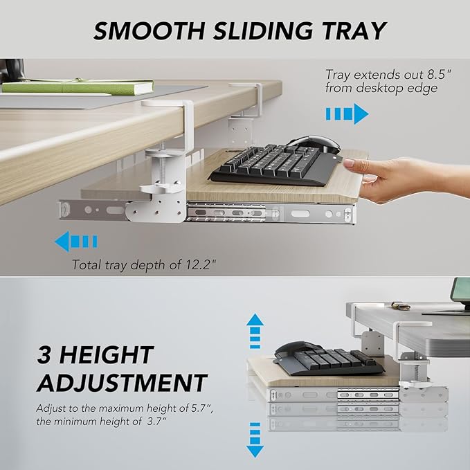 AX WABER Keyboard Tray Under Desk Pull Out with Extra Sturdy C Clamp Mount System, 27.3 (32.5 inch Including Clamps) x 11 Inch Slide-Out Platform Computer Drawer for Typing Grain AX01WG01