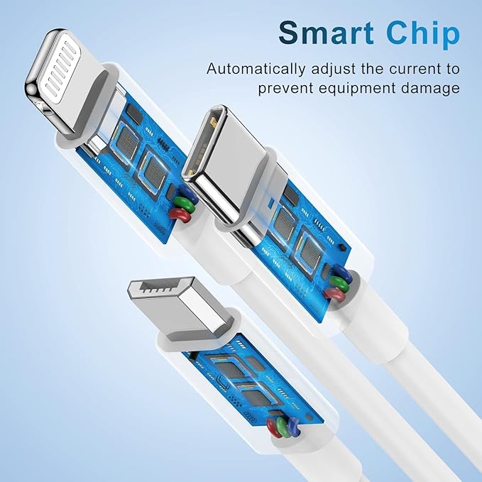 Multi Charger Cable 6Ft 2Pack, 3 in 1 Charging Cord, Universal Phone Charger, Multiple Charger Wire USB-A to Lightning/USB-Type C/Micro USB Connectors for Cellphone, Tablets and More (Charging Only)