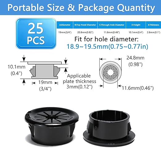 25 Pcs Cable Grommet, Snap Bushing 3/4" (19 mm) Mounting Diameter, Flexible Petal-Shaped Buckle Round Nylon Desk Grommet for Wires Through Countertop Cord Organizer and Protection, Black