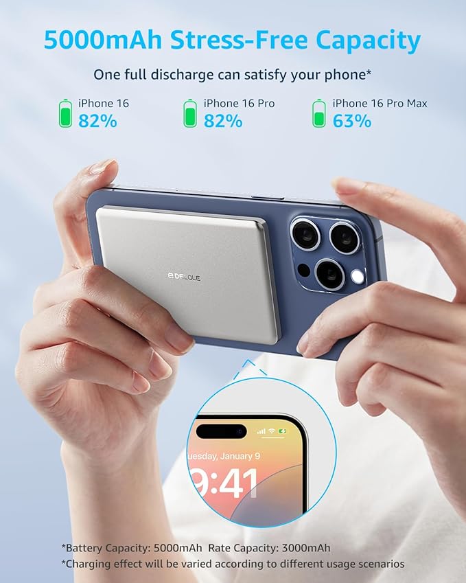 “Air” Power Bank for MagSafe 5000mAh, Ultra Slim Magnetic Wireless Portable Battery Charger Case with USB-C Cable, Compatible with iPhone 17/16/15/14/13/12 Series Only (Sliver)