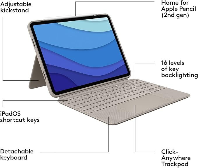 Logitech Combo Touch iPad Pro 11-inch (1st, 2nd, 3rd, 4th gen - 2018, 2020, 2021, 2022) Keyboard Case - Detachable Backlit Keyboard, Click-Anywhere Trackpad - Sand; USA Layout