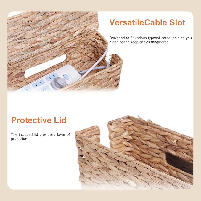 Cable Management Box, Cord Hider Organizer Box with Lid 2-Pack,2 Side Open Slots Handwoven Water Hyacinth Storage Box for Power Strips, Floor, Desk, Office