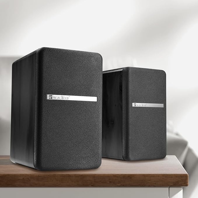 SINGING WOOD BT27 Active Powered Bluetooth Bookshelf Speakers for Studio Monitor TV Turntable Computer- 60 Watts RMS - Wood Grain Finish (Black)