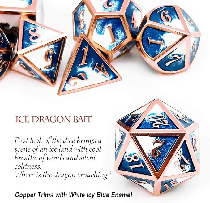 Haxtec Metal DND Dice Set Copper Blue White D&D Dice with Leather Dice Bag Compatible with Dungeons and Dragons RPG-Ice Dragon Bait