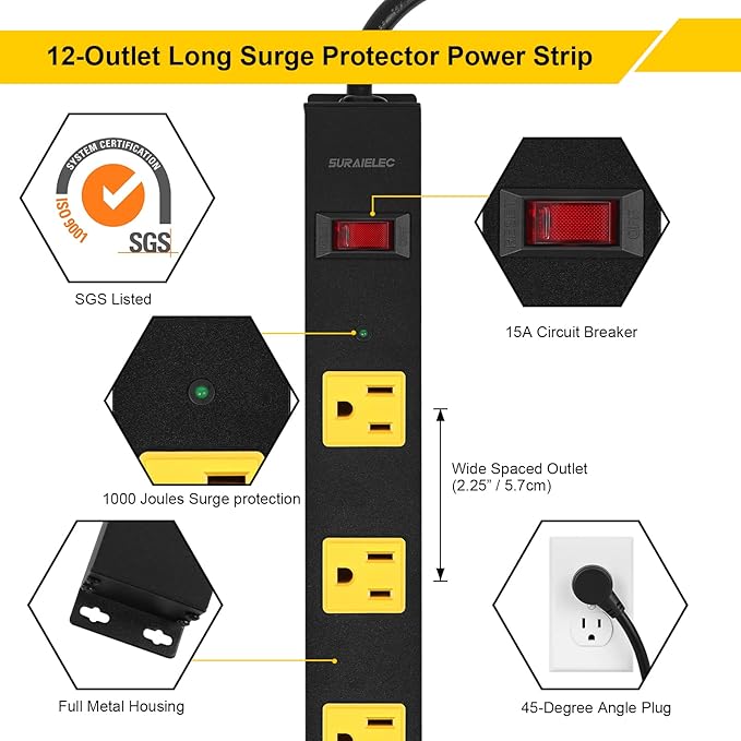 SURAIELEC 12 Outlet Long Metal Power Strip, 15FT Cord Surge Protector, Angled Flat Plug, Wide Spaced Outlet Bar, 15A Breaker, Wall Mountable, Industrial Heavy Duty for Work Bench, Shop, Garage, 2 Pack
