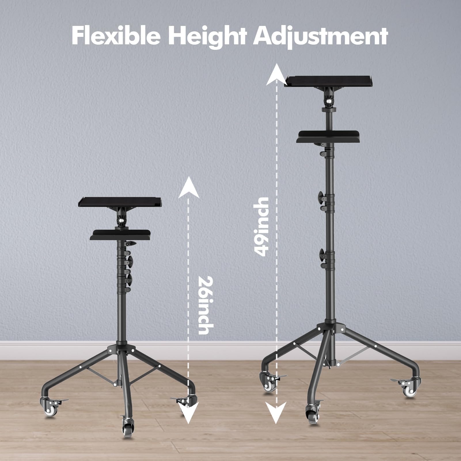 OUKMIC Projector Stand Tripod Laptop Tripod on Wheels with 2 Shelves