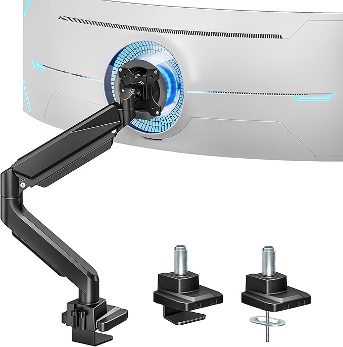ARES WING Ultrawide Single Monitor Arm, Heavy Duty Monitor Mount for 13"-45" Curved Screens, Adjustable Stand for Desk with C-clamp & Grommet Base up to 40 LBS, Black