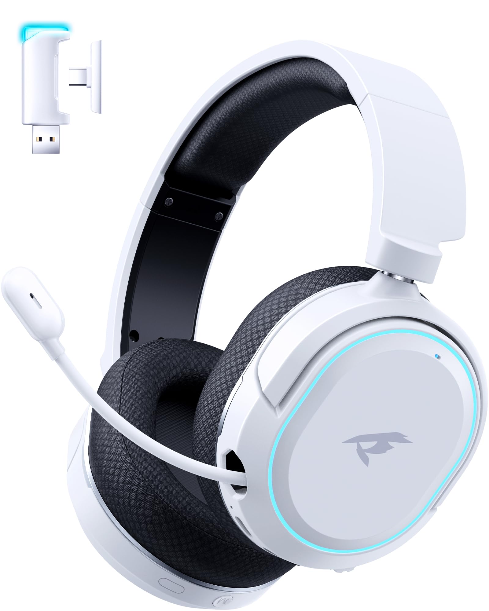 Wireless Gaming Headset, 7.1 Surround Sound, 2.4GHz USB Gaming Headphones with Bluetooth 5.4, 100H Battery, ENC Noise Canceling Mic, RGB Light, Wireless Headset for PC PS5 PS4 Mac Switch (Black-White)