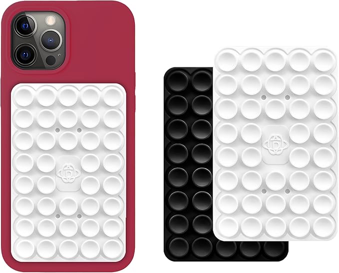 Silicone Double-Sided Suction Phone Grip Detachable Mount - Car Dashboard/Shower Phone Holder, Hands-Free for Selfies & Videos, ASMR- iPhone & Android Compatible (Large, Black+White)