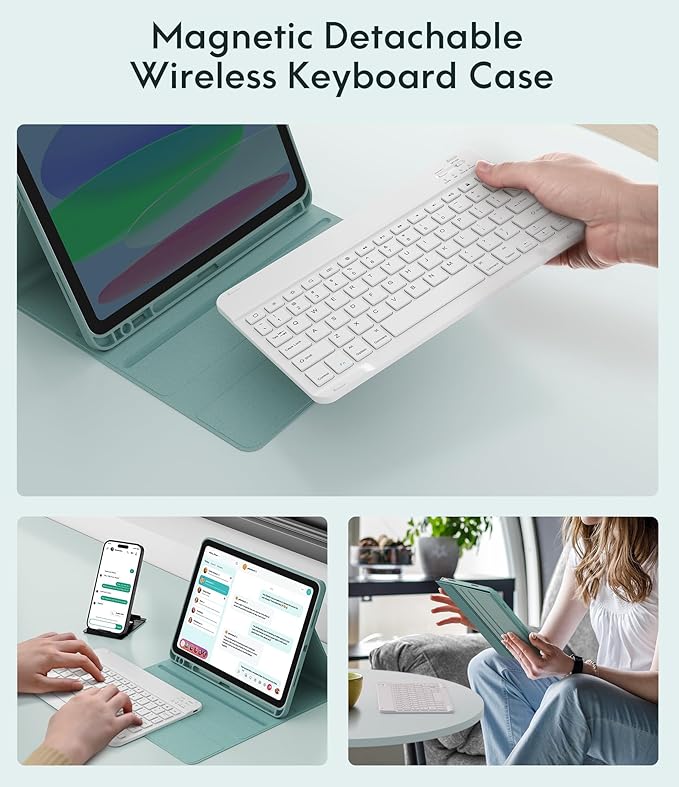 CHESONA Keyboard Case for iPad (A16) 11th/10th Generation (2025/2022), Detachable Wireless Keyboard, Stand Folio Keyboard Cover with Pencil Holder, Thin & Light (Lake Blue)