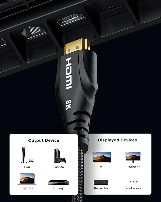 Short HDMI Cable 1.5FT/0.5M - 8K High Speed HDMI Cable,48Gbps,8K 60hz,4K 120hz,Braided,eARC - Compatible for HDTV,PS5,PS4,Blu-ray