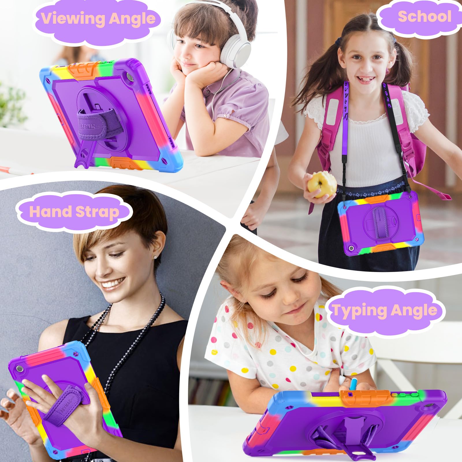 SEYMAC stock Case for Samsung Galaxy Tab A11+ Plus/A9+ Plus 11'', Full-Body Drop Protection Case with Screen Protector Pencil Holder [360° Rotating Hand Strap] &Stand, Purple+Colorful
