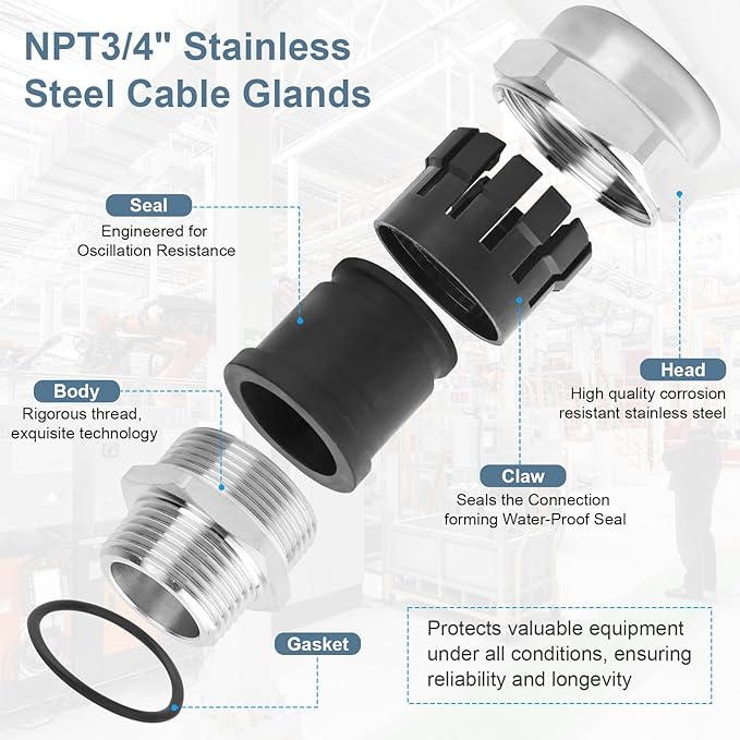 NPT 3/4" Stainless Steel Waterproof Cable Gland IP68 Waterproof Cable Gland Adjustable 13-18mm Cable Gland Protectors - 2 Pcs