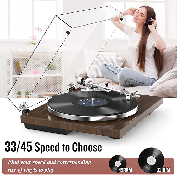 Turntable Record Player Wireless Output Vinyl Players Aluminium Platter and Tonearm Belt-Drive LP Turntables 33 45 RPM Phono Audio AT-3600L MM Cartridge RCA Line USB Digital to PC Recording Dark Brown