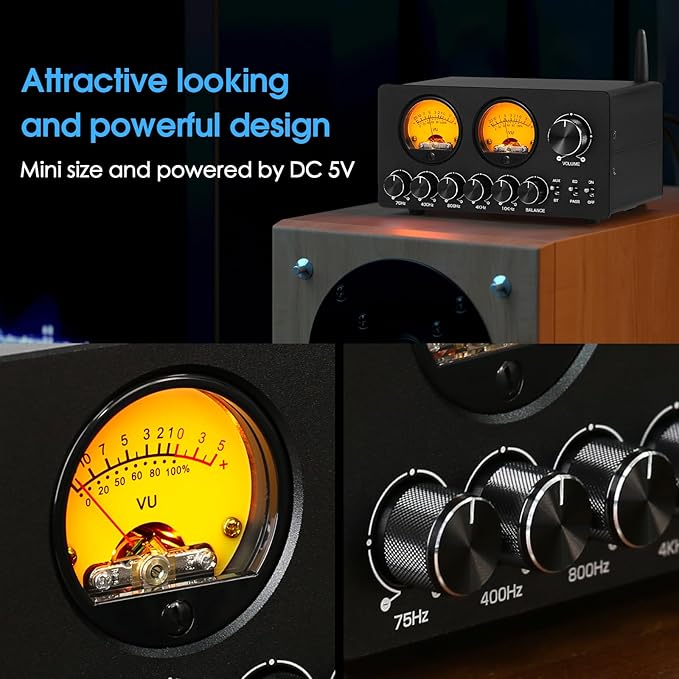 Douk Audio 5 Band Equalizer Bluetooth EQ Preamp for Home Stereo/Computer Speaker/Amplifier with VU Meter (EQ5 Tone Upgraded Version)
