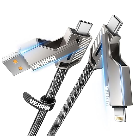 [Upgraded] 4-in-1 USB C Cable 45W 5FT Lightning Cable Fast Charging Flat Nylon Braided for iPhone iPad Charger Cord [480Mbps Data Sync] Multi Charge Combo with Lightning/Type C/USB A Port