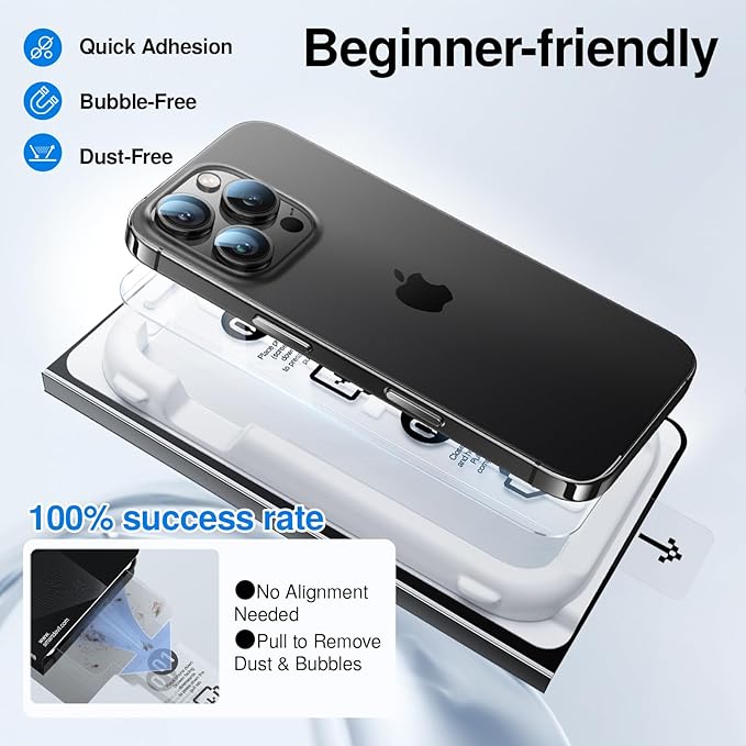 SMARTDEVIL 3 Pack Screen Protector for iPhone 15, Bubble-and-Dust-Free Box, HD Tempered Glass, Military Grade Shatterproof & Ultra Durable, Easy Installation