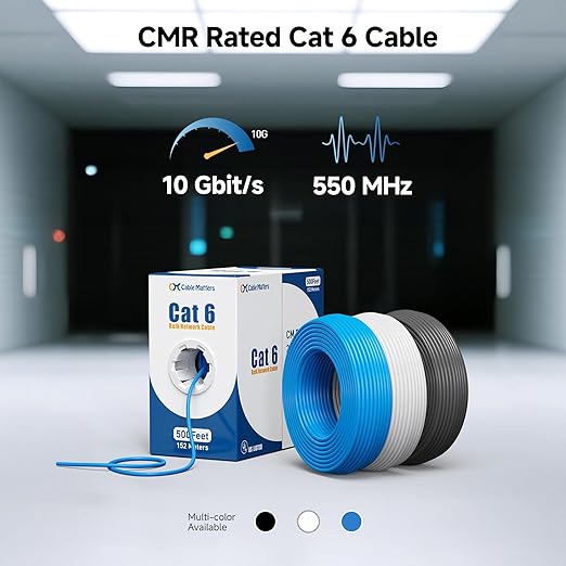 Cable Matters [UL Listed] 10Gbps in-Wall Riser Rated (CMR) 23AWG Bare Copper Cat6 Ethernet Cable - 300ft, Cat 6 Ethernet Cable Spool, Cat 6 Cord Bulk, Blue