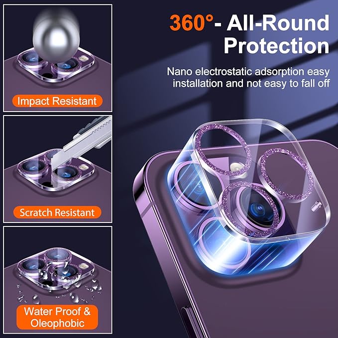 UniqueMe [3 Pack] Compatible for iPhone 14 Pro Max/iPhone 14 Pro Camera Lens Protector Tempered Glass,[Case Friendly][Scratch-Resistant][Night Shooting Mode]-Glitter Purple