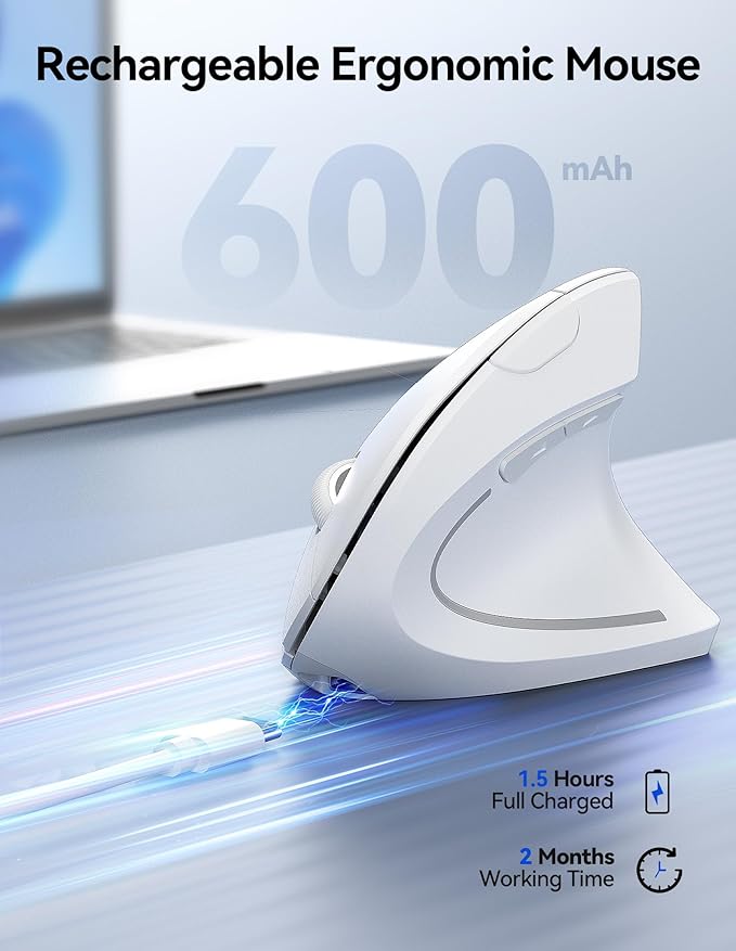TECKNET Ergonomic Mouse Wireless, Rechargeable Mouse Wireless Silent for Carpal Tunnel Right Hand, 2.4GHz USB Vertical Mouse Wireless for Laptop, 5 Adjustable 4800 DPI, Computer, MacBook, Desktop