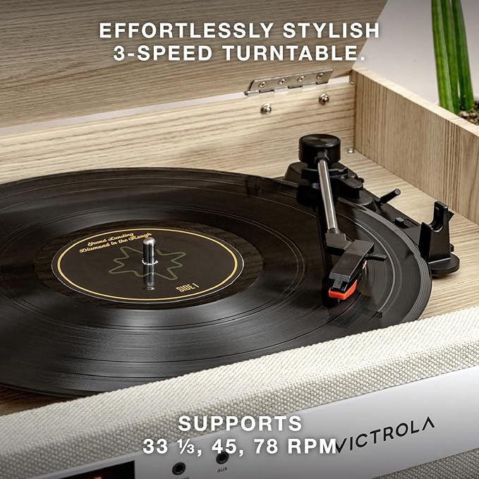 Victrola Century 6-in-1 Vinyl Record Player & Music Center – 3-Speed Turntable, CD & Cassette Player, VINYLSTREAM, Bluetooth & 3.5mm Aux, Record Player with Speakers, Mid Century Design (Natural)