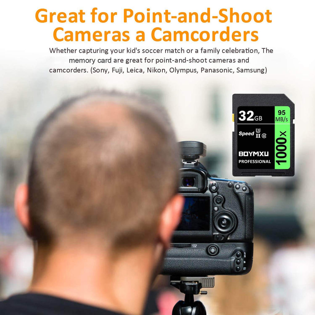 BOYMXU Professional 1000x Class 10 U3 Memory Card - 32GB, Compatible with Computers, Cameras & Camcorders, Up to 95MB/s Read Speed, Green/Black