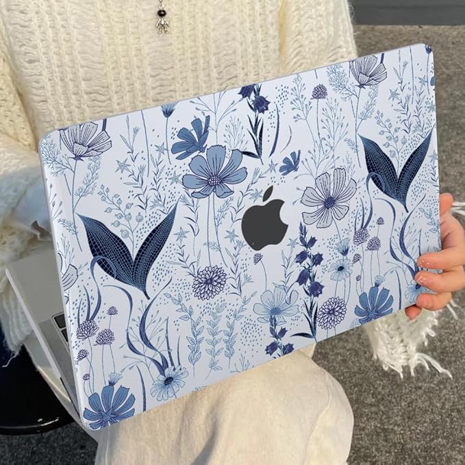 Compatible with 2018 2019 2020 2021 MacBook Air 13 inch Case M1 A2337 A2179 A1932, Clear Printed Pattern Hard Shell Case & Keyboard Cover for Mac Air 13 M1 Touch ID, Navy Blue Wild Flowers