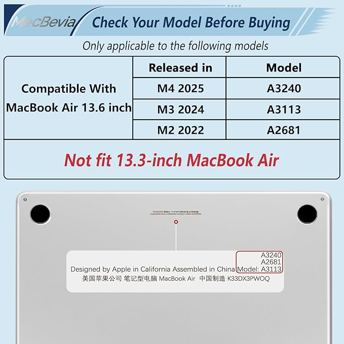 Compatible with MacBook Air 13.6 inch Case, M4 A3240/M3 A3113/M2 A2681 (Released 2025 to 2022), Hard Shell, Keyboard Cover, Screen Protector, Webcam Cover & Type-C Adapter, Black Bows