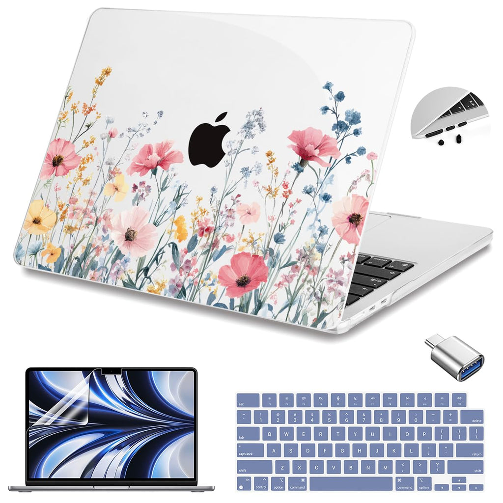 Teryeefi for MacBook Air 13.6 inch Case M5 A3449/M4 A3240/M3 A3113/M2 A2681 (Released 2026 2025 to 2022), Hard Shell + Keyboard Cover+ Screen Protector+Dust Plug + Type-C Adapter, Wild Flowers A010