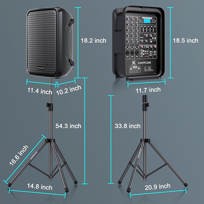 All-in-One 2-Way PA Speaker System DJ Mixer Bundle,300W 8-Channel Mixer Bluetooth, Amplifier Kit with 8" Subwoofer and 1" Horn Tweeter,USB,2 Speaker Stands, Mic