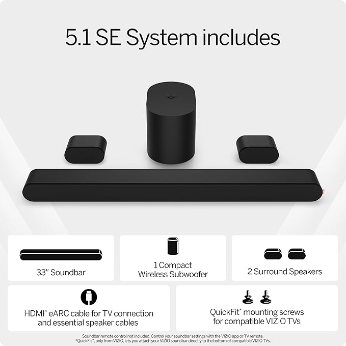 VIZIO 5.1 Soundbar SE, Wireless Subwoofer, Surround Sound w/Dolby Atmos & DTS:X, Bluetooth Speaker, QuickFit™ Compatible – SV510X-08 (New, 2024 Model)