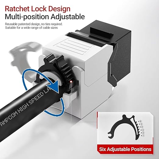 AMPCOM CAT6 RJ45 Keystone Jack - Reusable UTP Ethernet Wall Jack with Adjustable Ratchet Lock Design, No Tool and Zip Tie Required - 50u Gold Plated - Black (6-Pack)