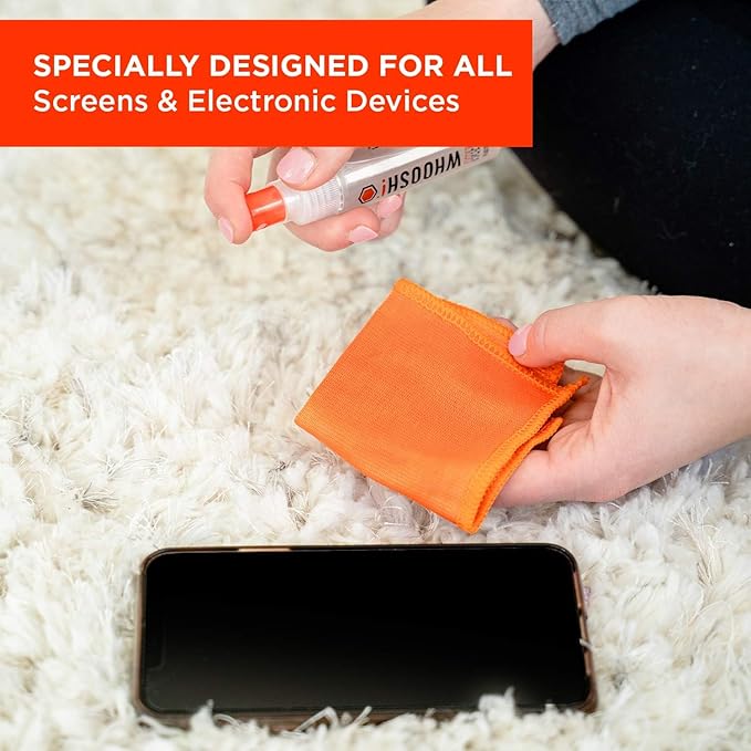 WHOOSH! Screen Shine Go 2-Pack – Two 1 fl oz Refillable Touchscreen Cleaners with Microfiber Cloths for Car, iPad, Laptop and Eyeglasses – Powerful Streak-Free Cleaning – Pocket-Sized, TSA-Approved