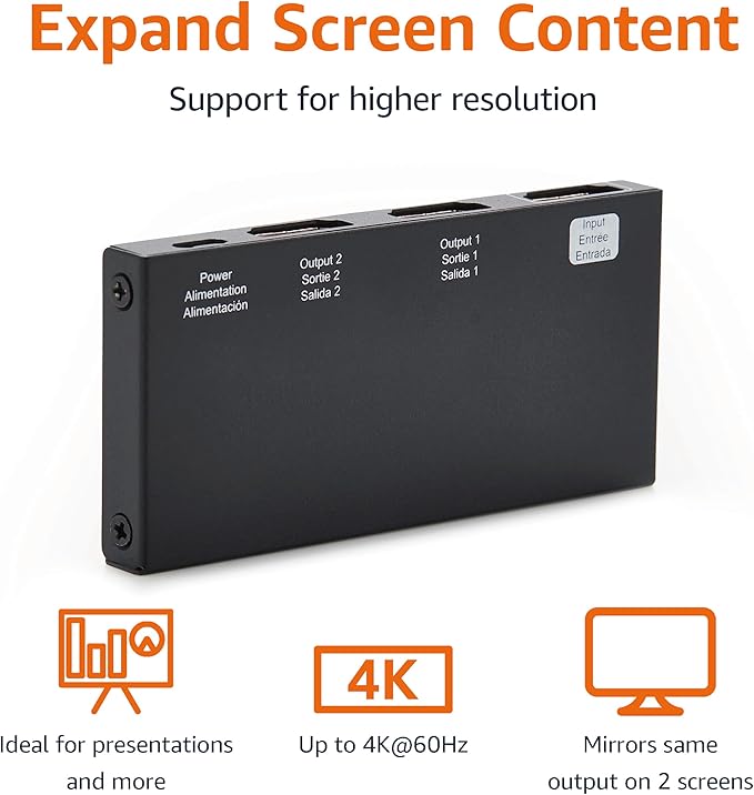 Amazon Basics HDMI Splitter 1 in 2 Out, 4K@60Hz for Dual Monitors, Mirror Only, Black