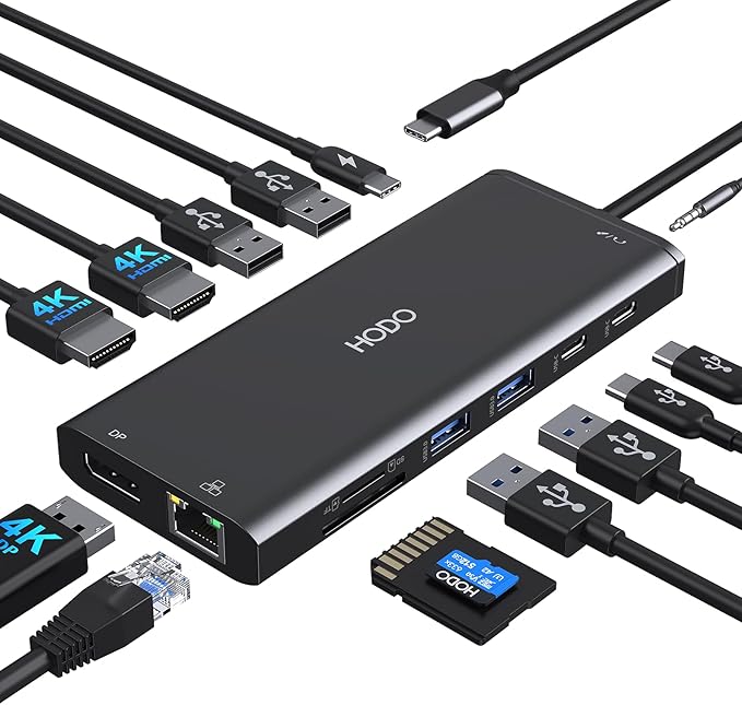 Dell HP USB C Docking Station - Dual/3 Monitor Triple Display, 2X HDMI 4K, DP, Ethernet, 6 USB, PD, SD/TF, Audio, Adapter 14 in 1 for Lenovo